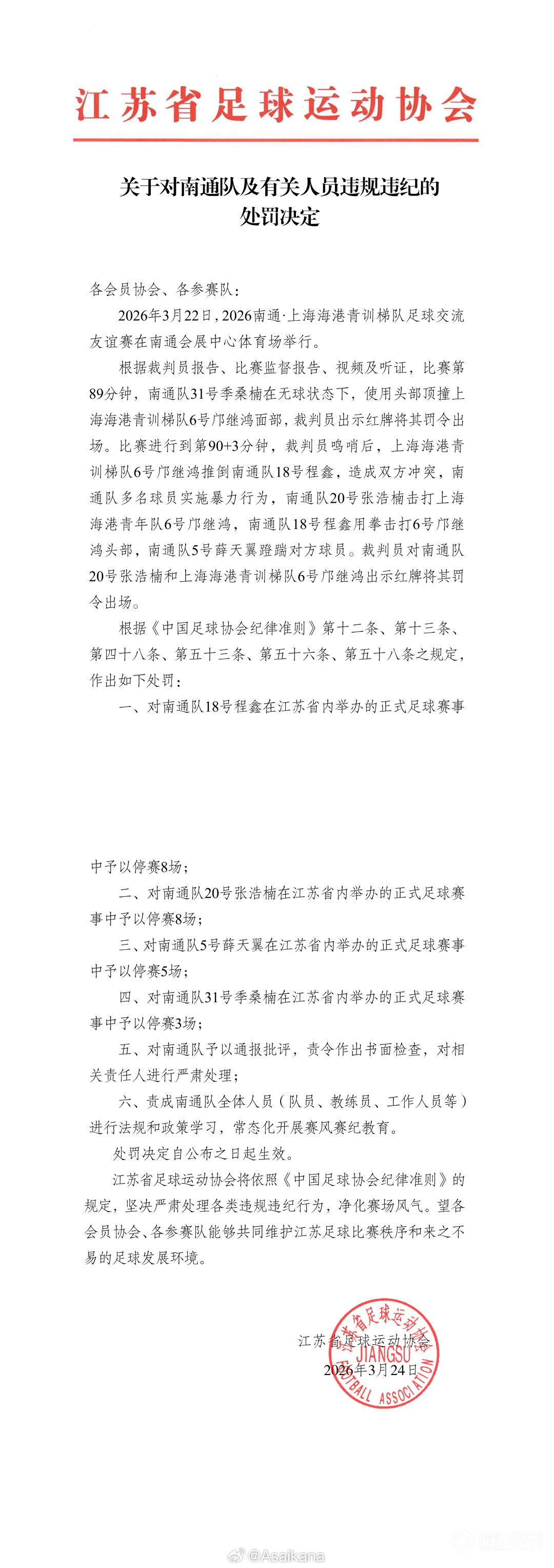江苏足协和上海足协分别对3月22日“苏超”南通队...