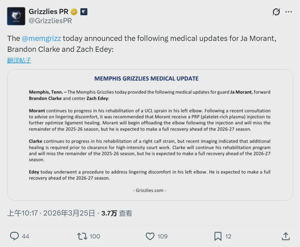 不打了！莫兰特赛季报销！球队最快速度交易