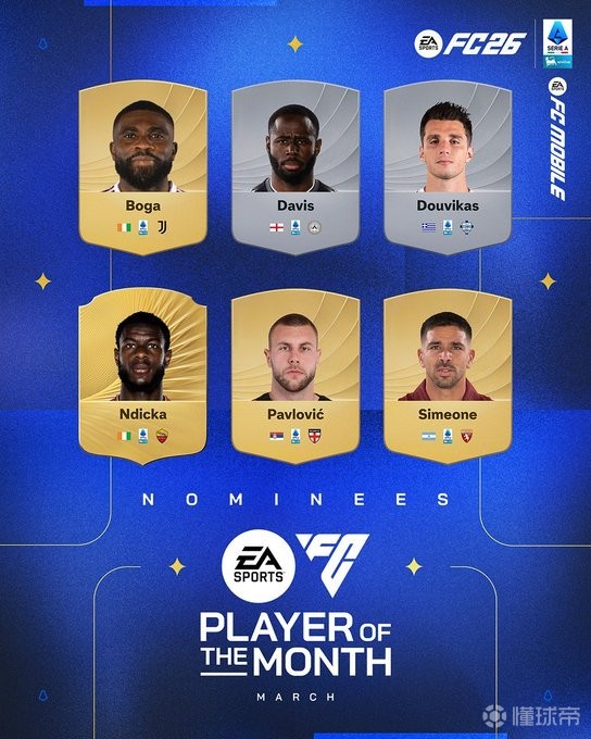 意甲3月最佳球员候选：博加、帕夫洛维奇、小西蒙尼在列